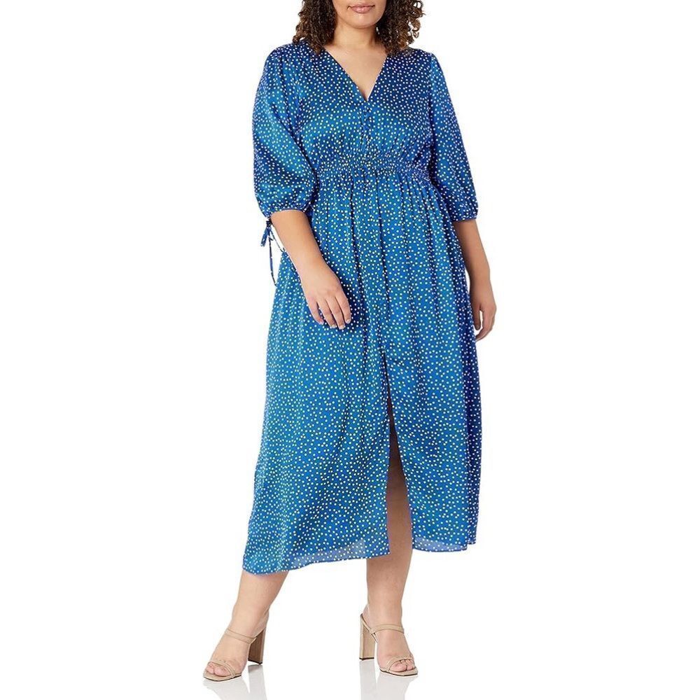 BNWT Taylor Blue Ivory Polka Dot V-Neck Elbow Tie Sleeve Smocked Maxi Dress 22W